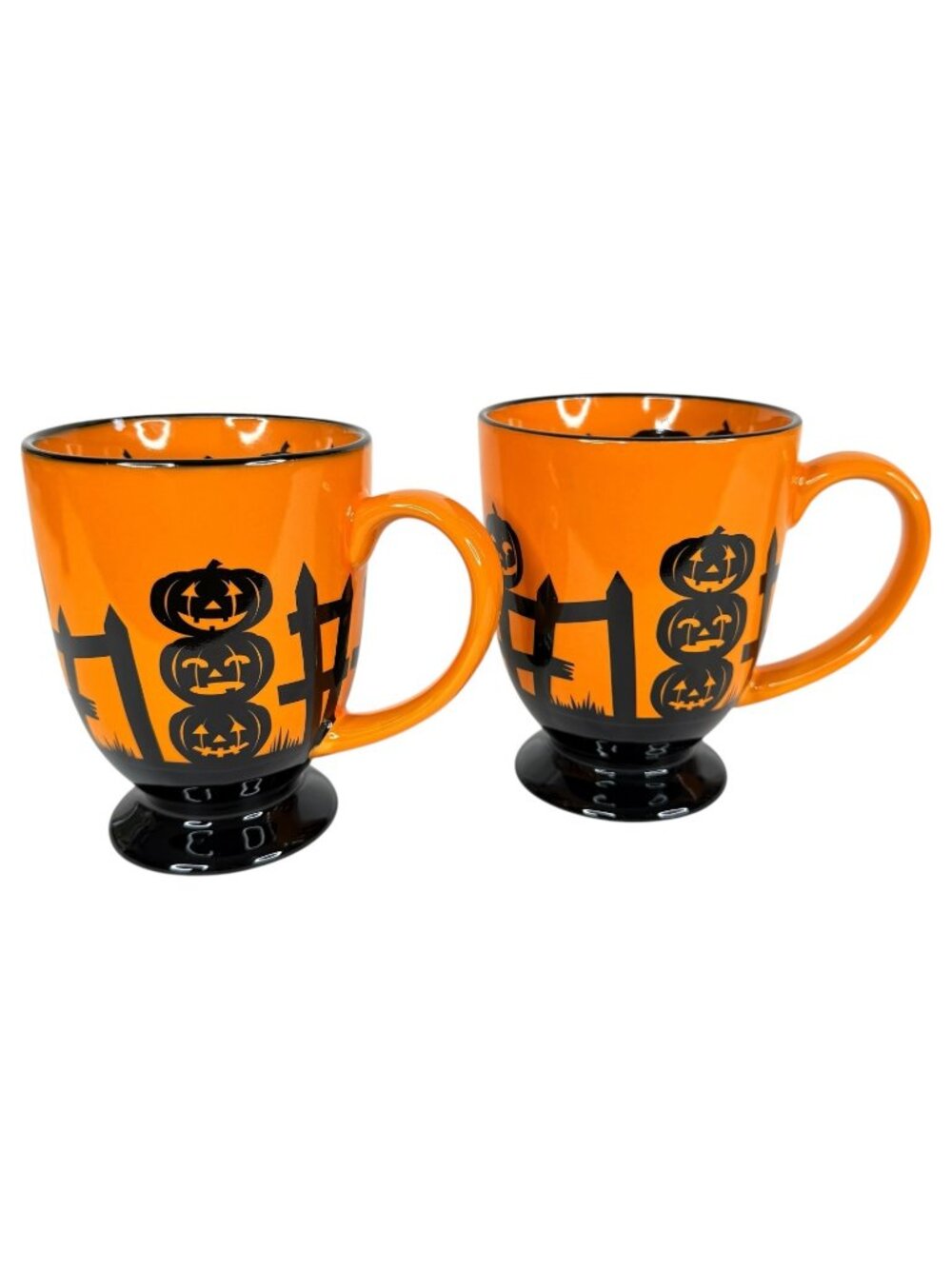 2 Martha Stewart Halloween Mugs Pumpkin Orange Black Pedestal‎ Macy Exclusive